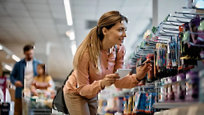Una mujer compra útiles escolares.