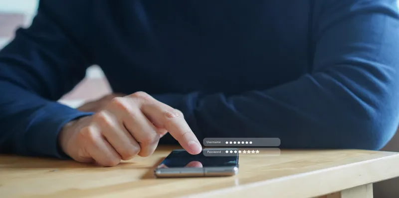 A man enters a password on his cellphone.