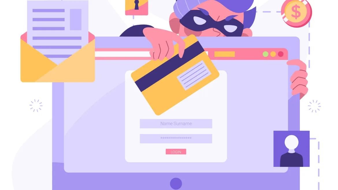 an illustration of a masked person holding a credit card